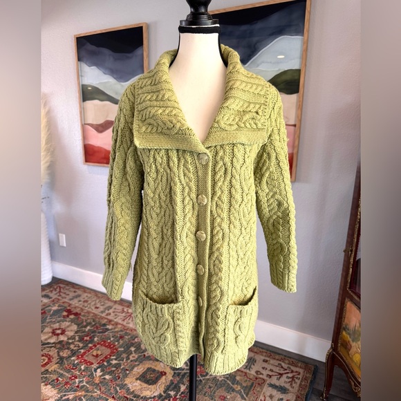 Aran Crafts Green Cable Wool Knit Sweater Cardigan - Picture 6 of 14